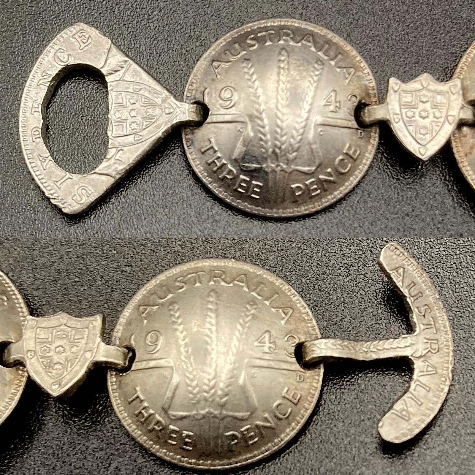 Collage of close up of clasp of WWII era trench art coin bracelet dated 1943