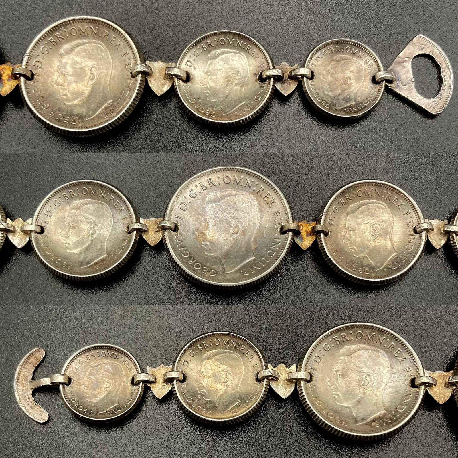 Collage of close up sections of reverse of WWII era trench art coin bracelet dated 1943