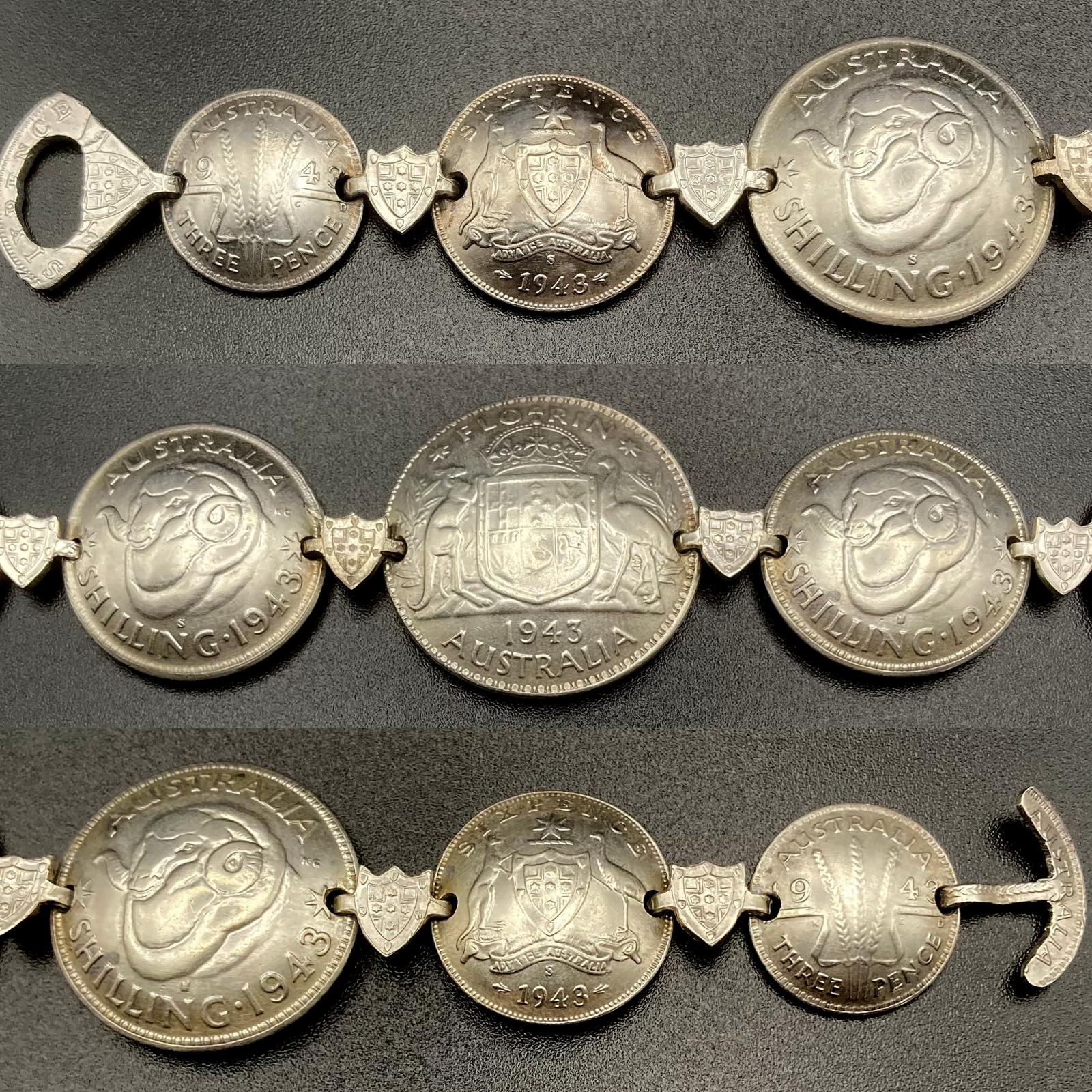 Collage of close up sections of WWII era trench art coin bracelet dated 1943