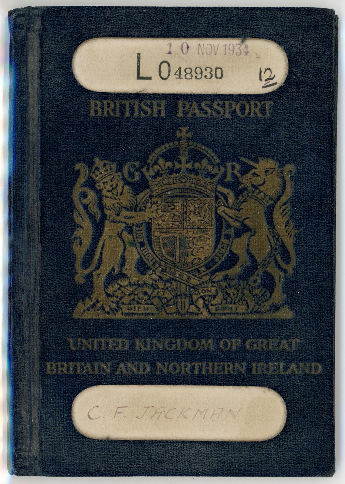 British Passport issued to Charles Frederick JACKMAN