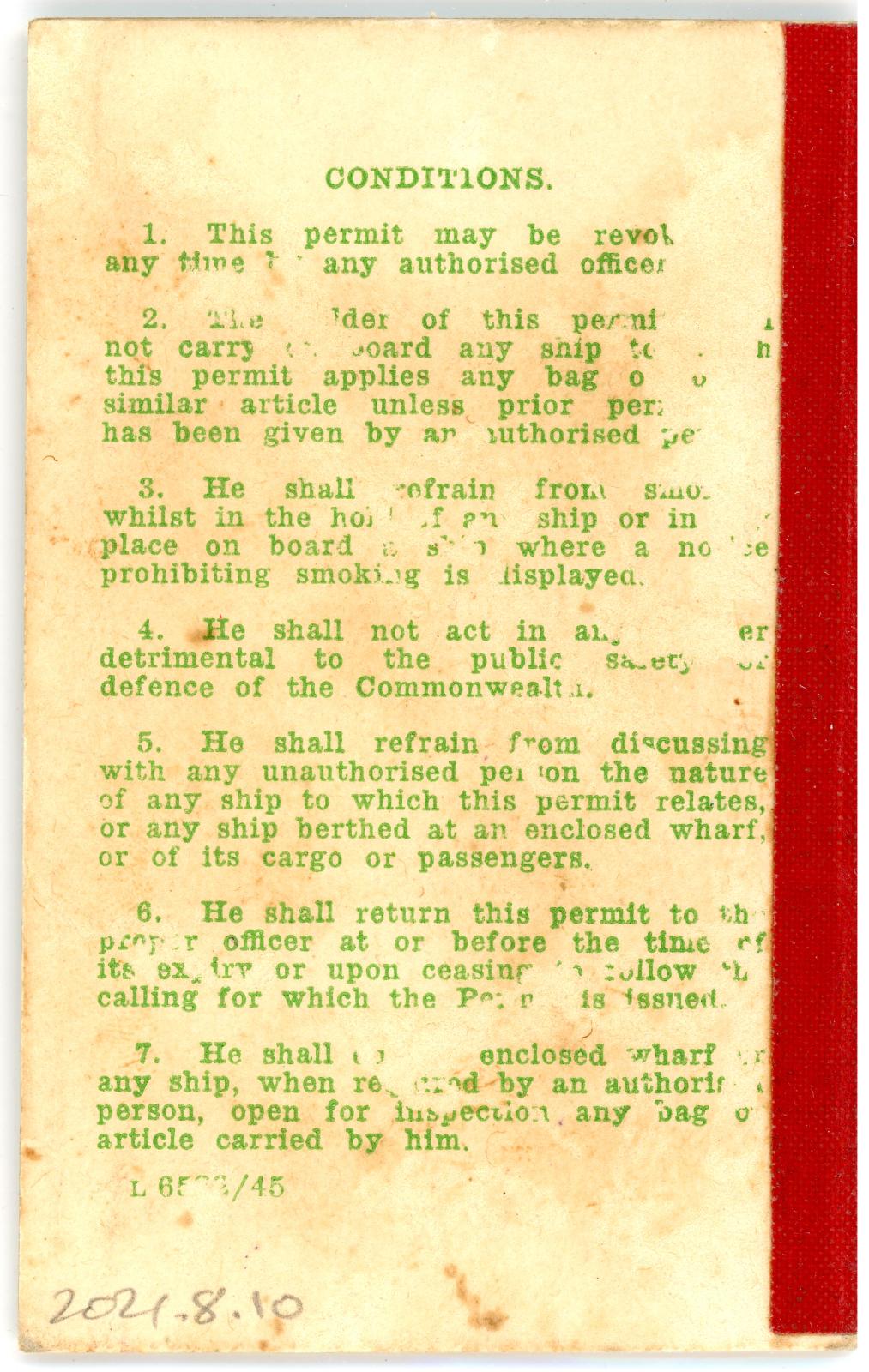 ‘Permit to board ships’ issued to Charles Frederick JACKMAN