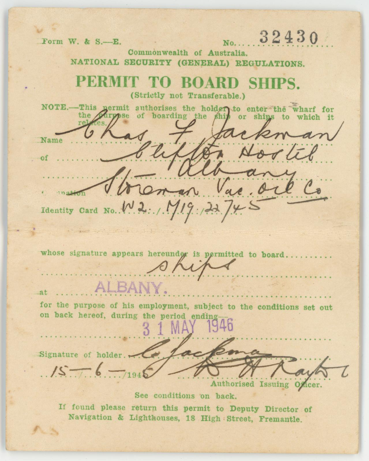 ‘Permit to board ships’ issued to Charles Frederick JACKMAN