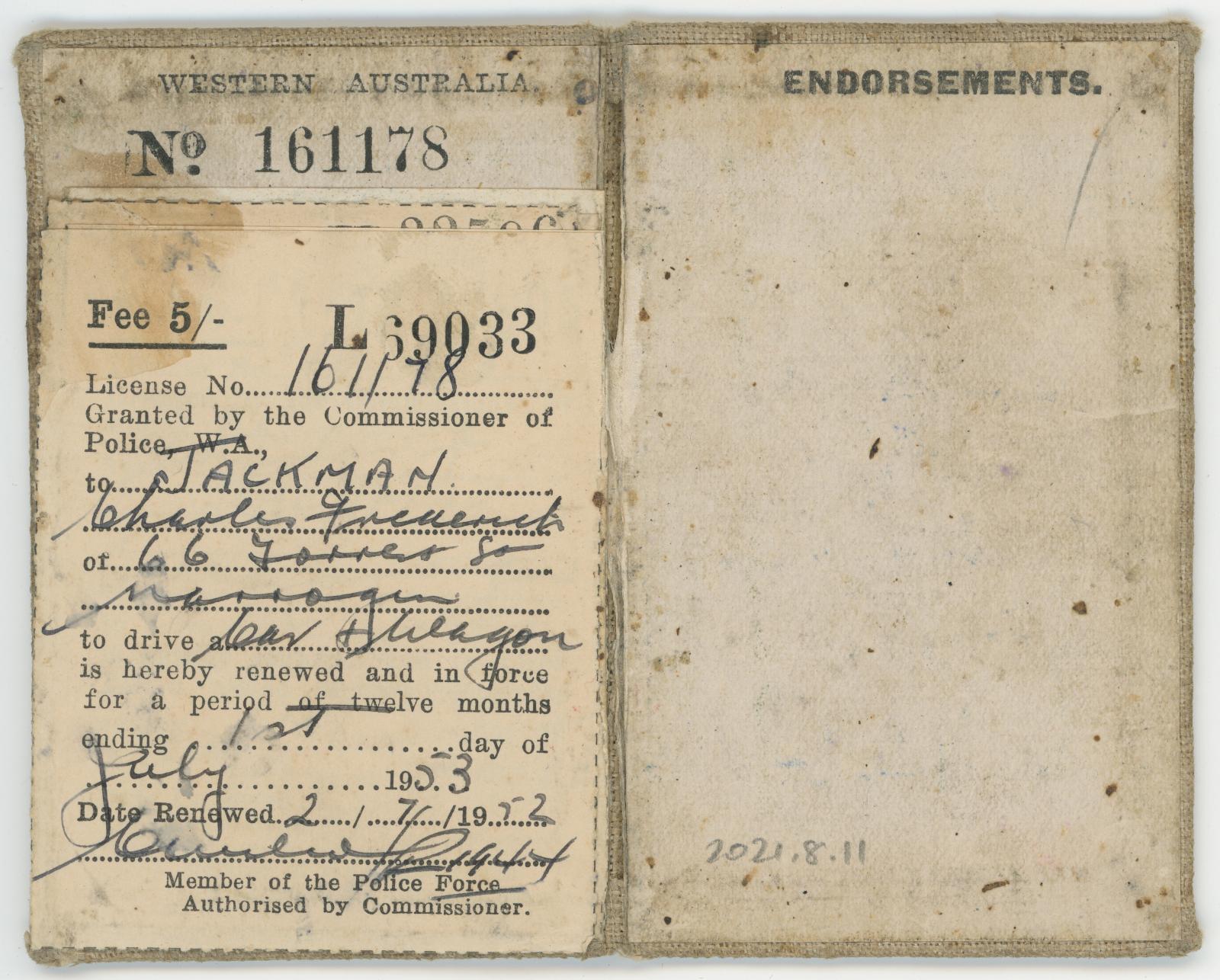 Driver’s License issued to Charles Frederick JACKMAN  
