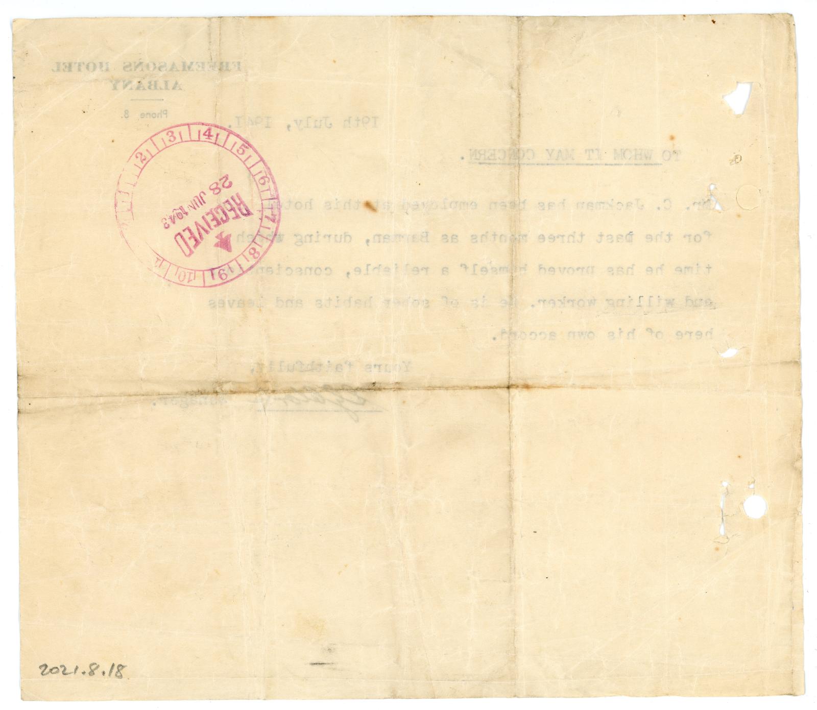 Reference Letter for Charles Fredrick JACKMAN