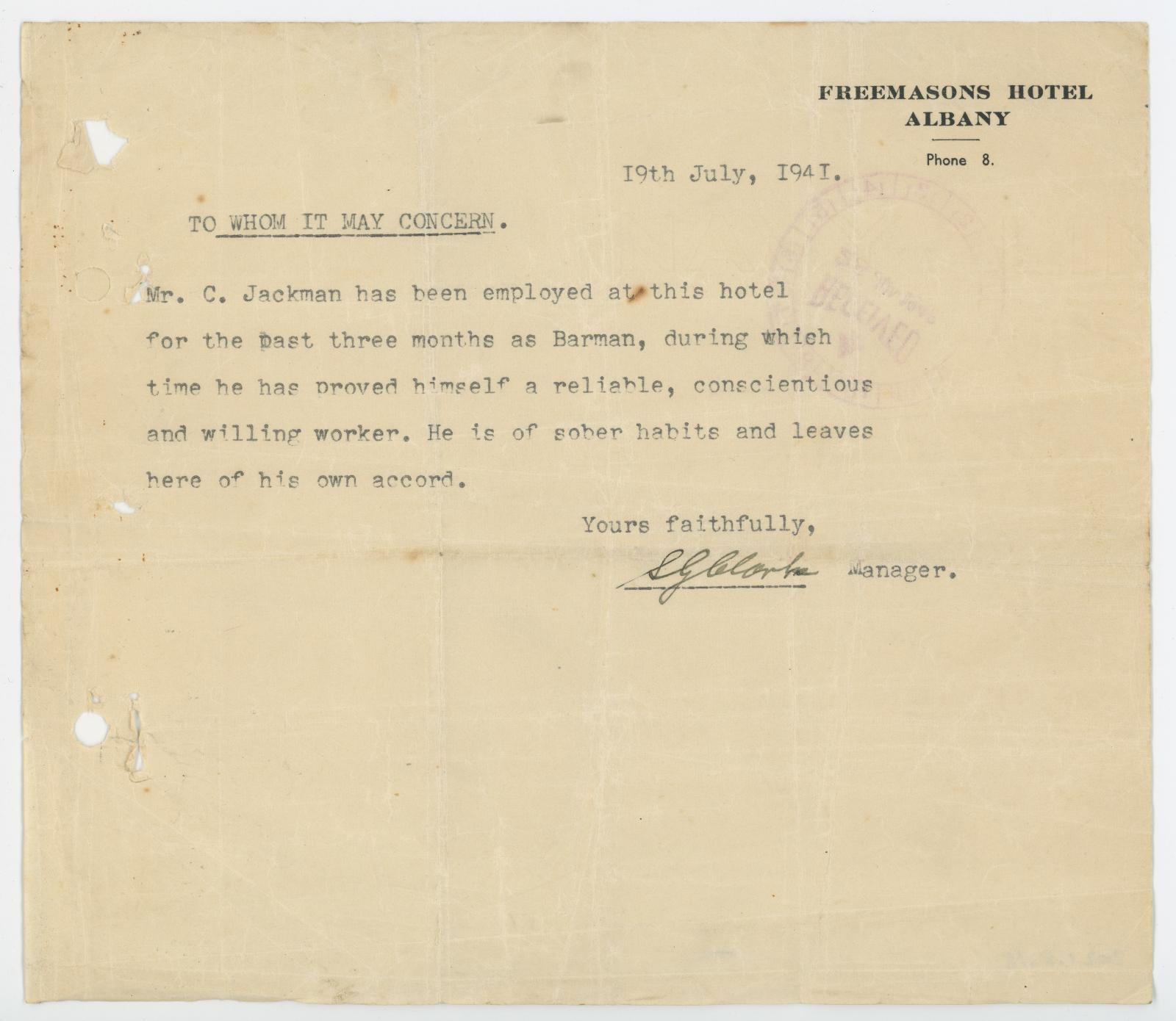 Reference Letter for Charles Fredrick JACKMAN