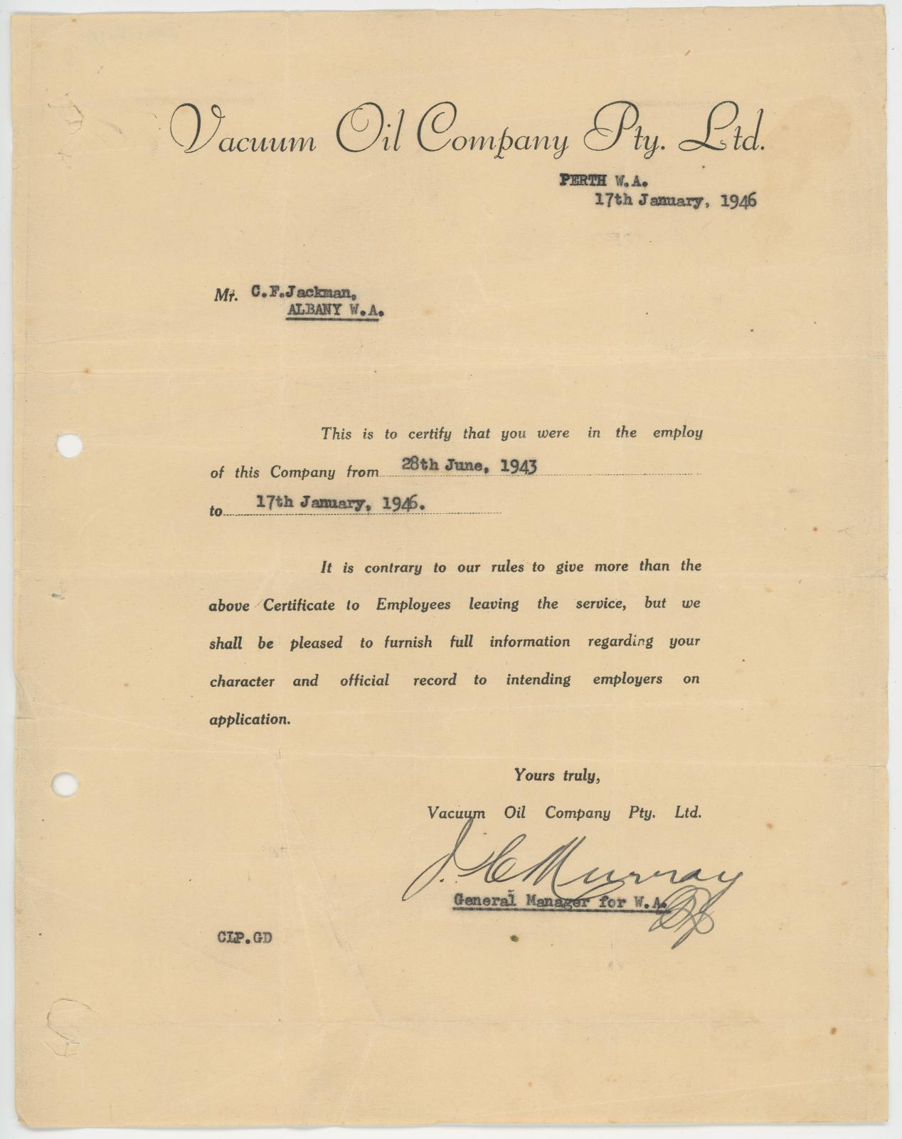 Reference Letter from ‘Vacuum Oil Company Pty Ltd’ for Charles Frederick JACKMAN