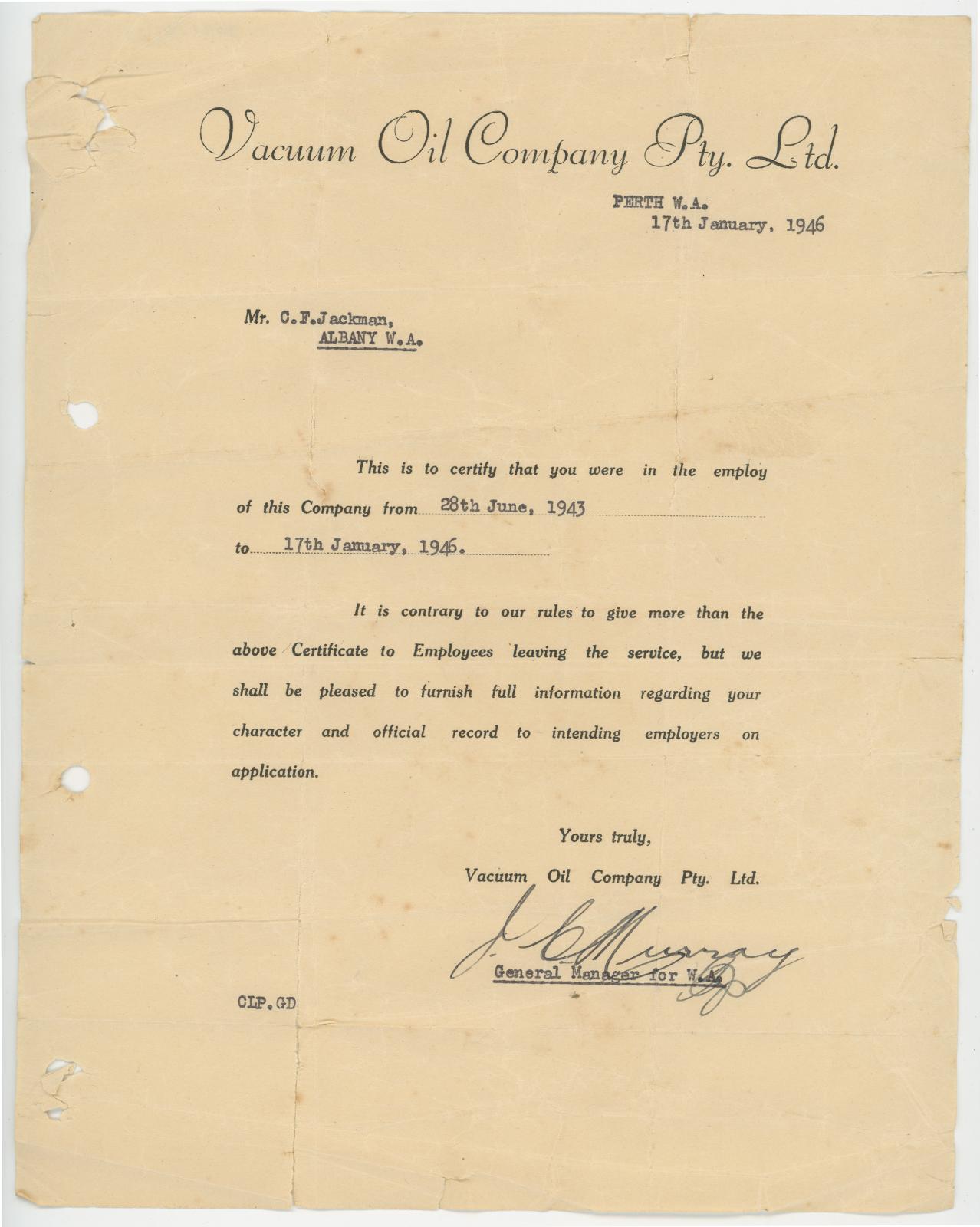Duplicate Reference Letter from ‘Vacuum Oil Company Pty Ltd’ for Charles Frederick JACKMAN