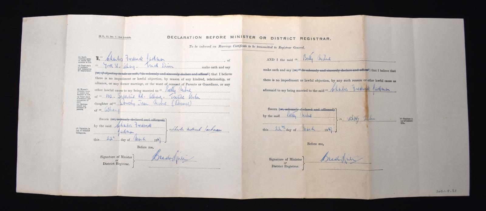 Marriage Certificate of Charles Frederick JACKMAN and Betty MILNE, 12 April 1947