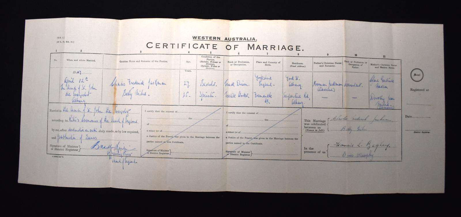 Marriage Certificate of Charles Frederick JACKMAN and Betty MILNE, 12 April 1947