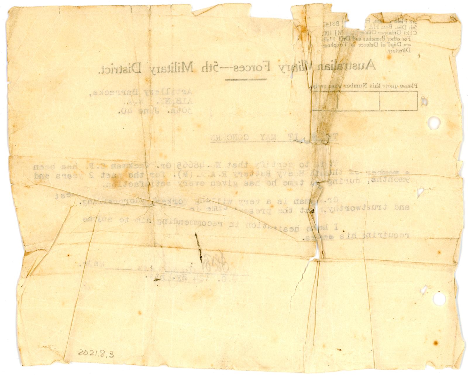 Reference Letter for Gunner Charles Frederick JACKMAN, W17457 - back