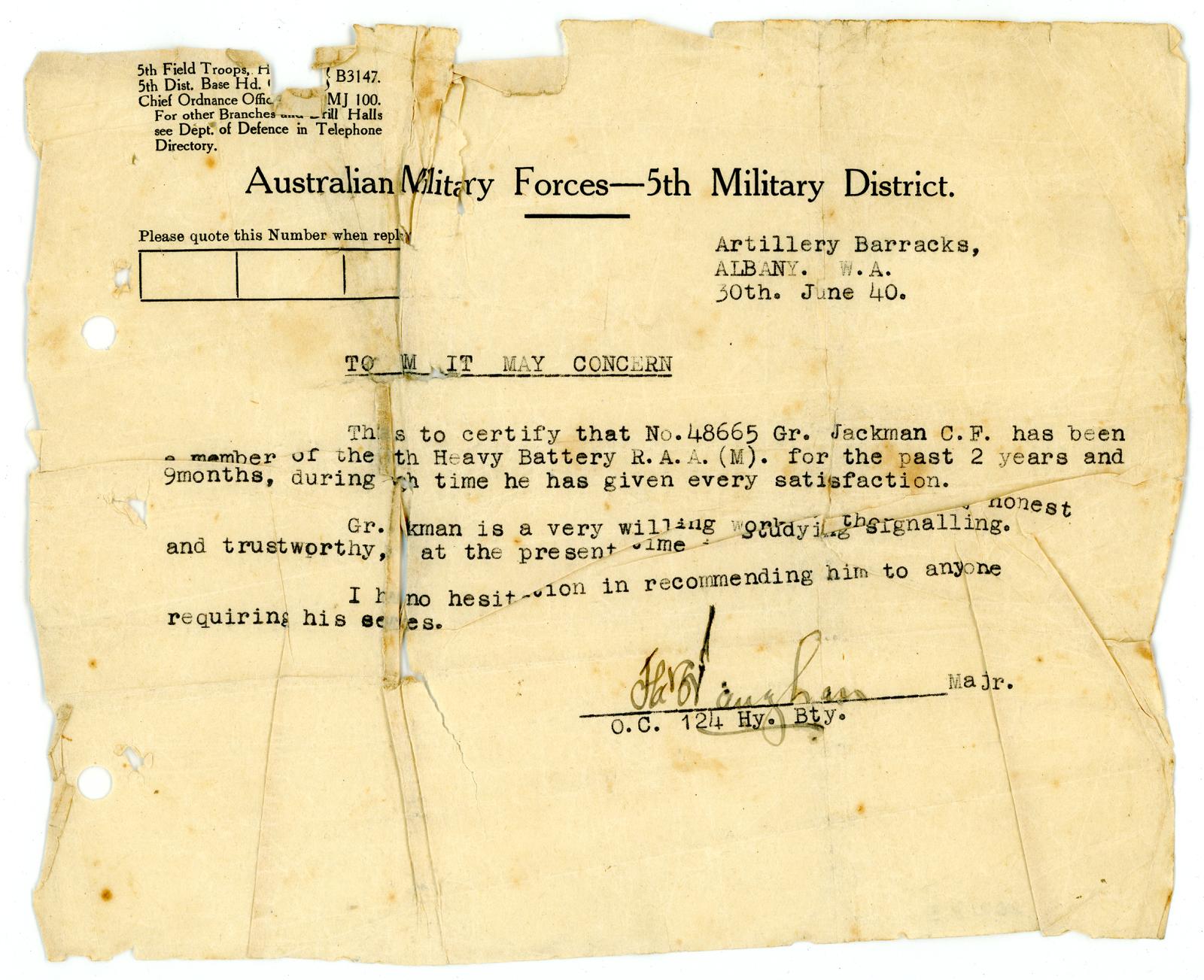 Reference Letter for Gunner Charles Frederick JACKMAN, W17457 - front