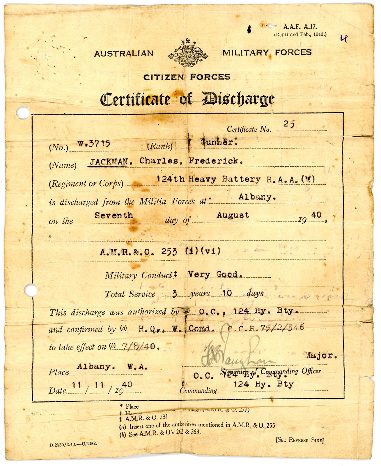 Discharge Certificate issued to Gunner Charles Frederick JACKMAN, W17457