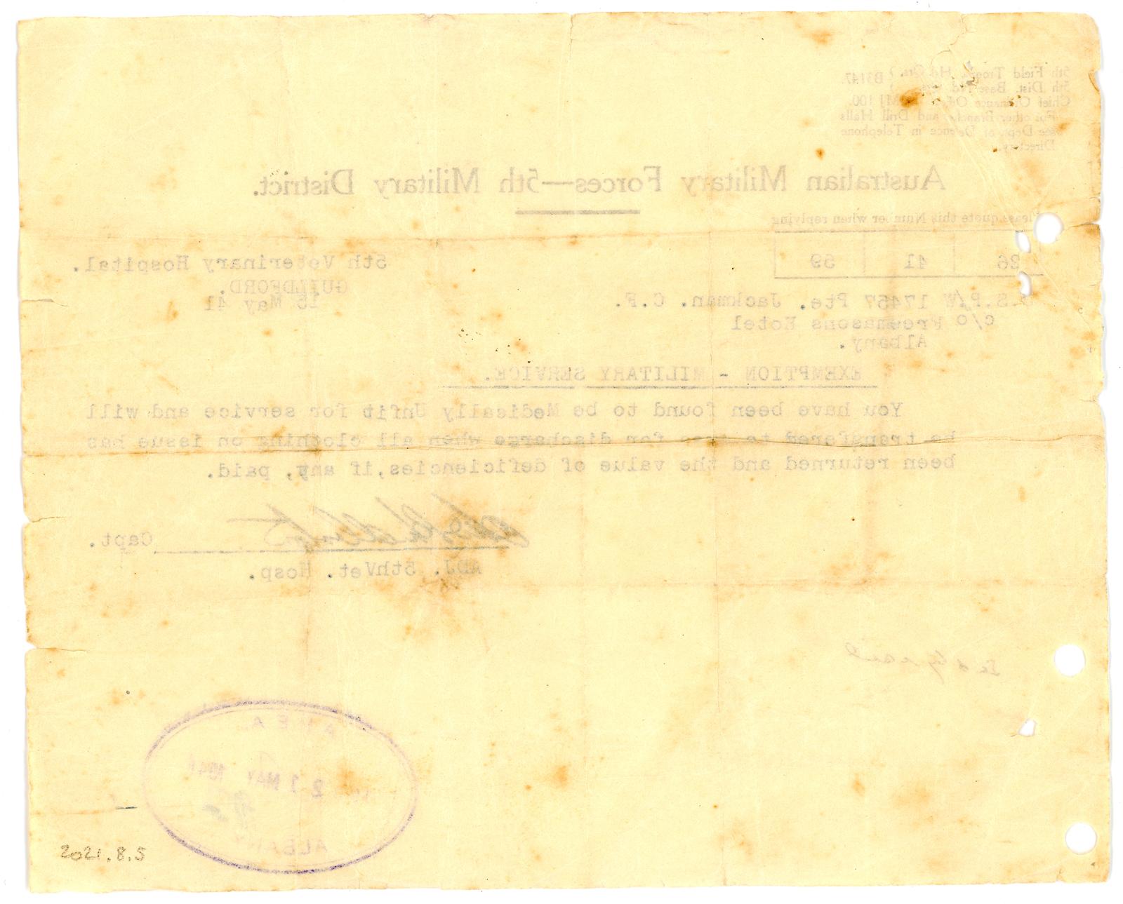 Letter of Exemption from Military Service for Charles Frederick JACKMAN, W17457 