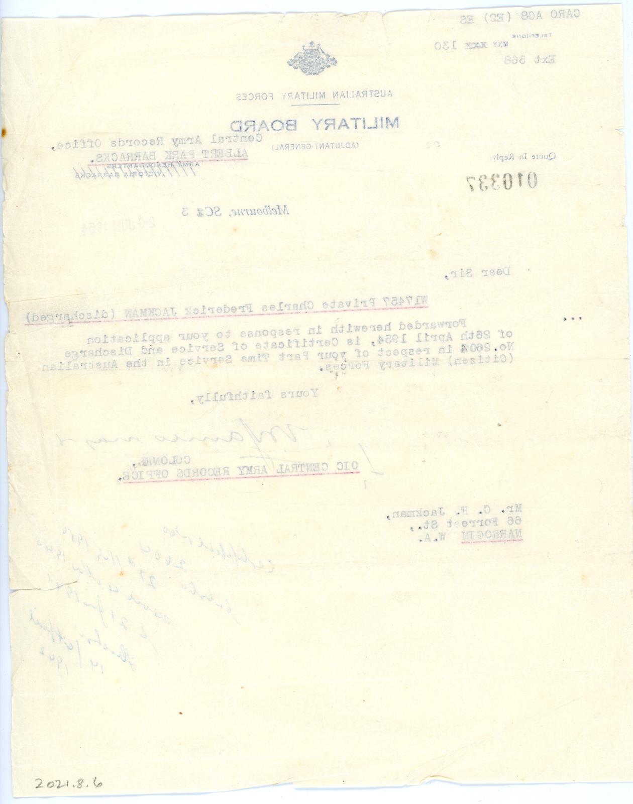 Discharge Letter for Private Charles Frederick JACKMAN, W17457