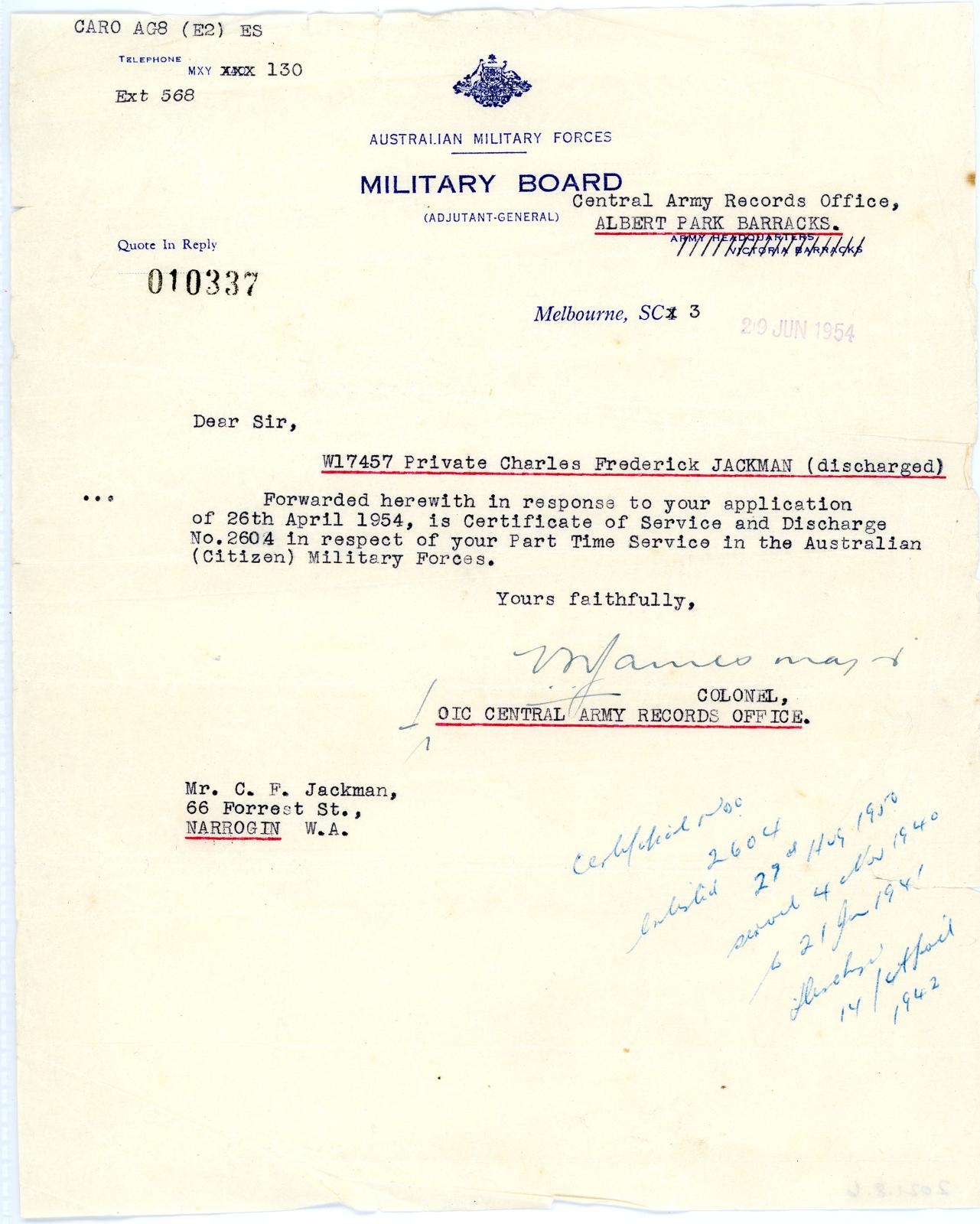 Discharge Letter for Private Charles Frederick JACKMAN, W17457