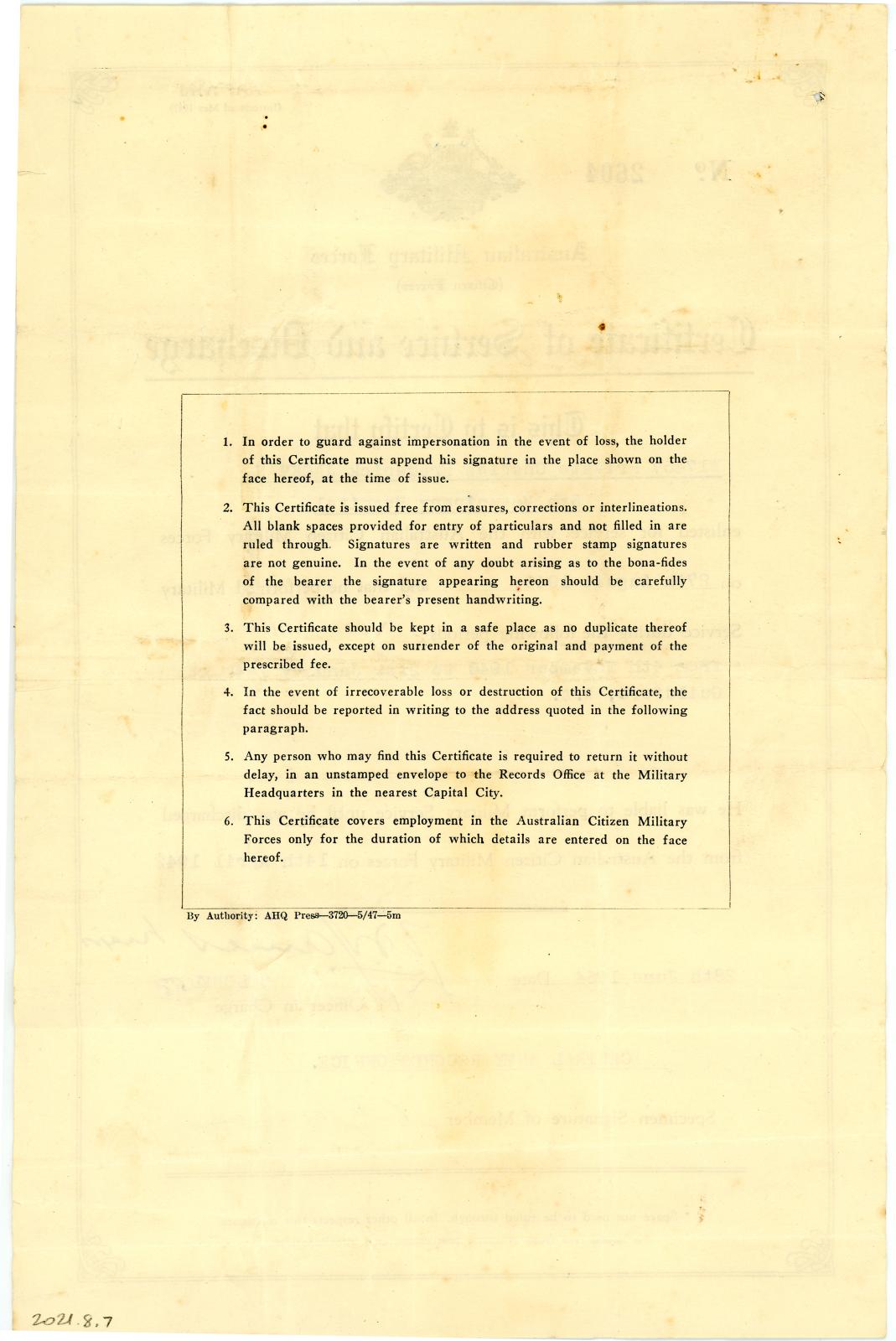 Item name Certificate of Service and Discharge for Private Charles Frederick JACKMAN, W17457 - back