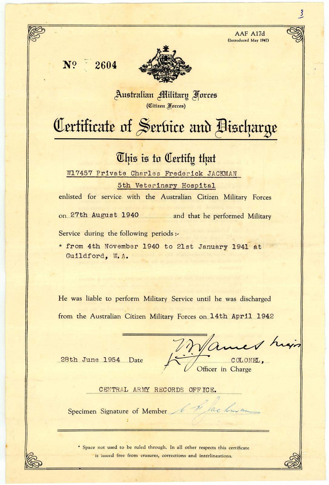Item name Certificate of Service and Discharge for Private Charles Frederick JACKMAN, W17457 - front