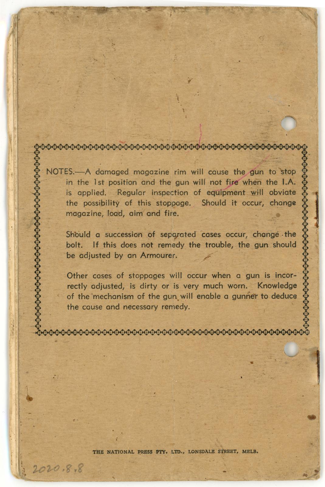 Lewis Gun Guide used by Genner Charles Frederick JACKMAN, W17457 - back                                                                                                          