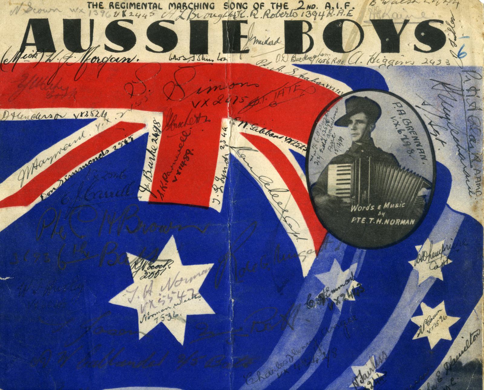 Top half of front cover of WWII era 'Aussie Boys' signed sheet music