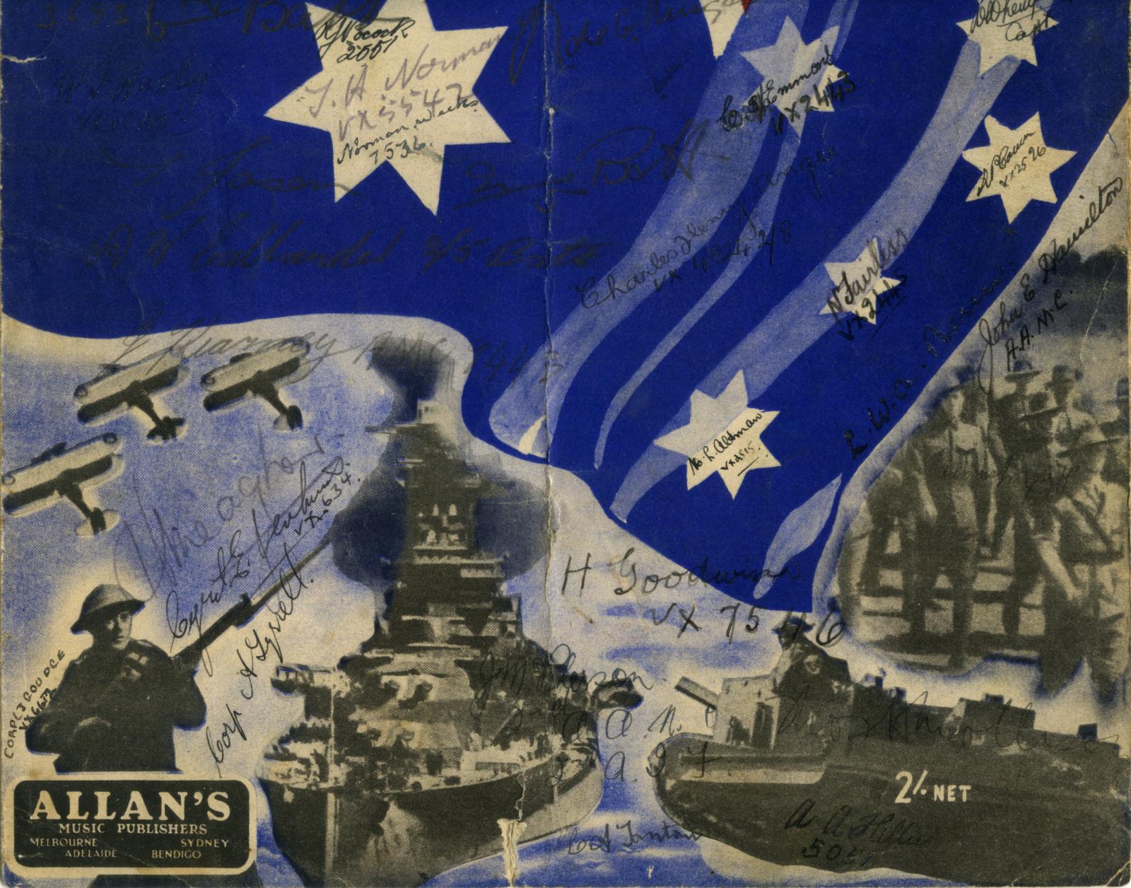 Bottom half of front cover of WWII era 'Aussie Boys' signed sheet music