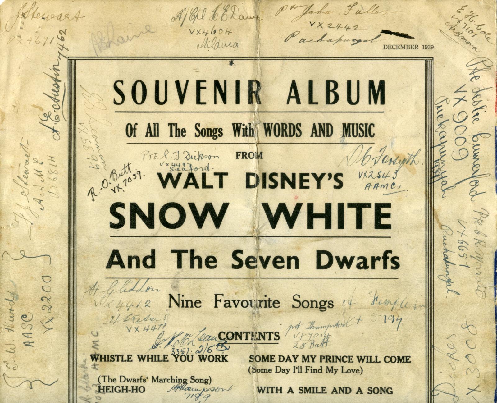 Top half of back cover of WWII era 'Aussie Boys' signed sheet music