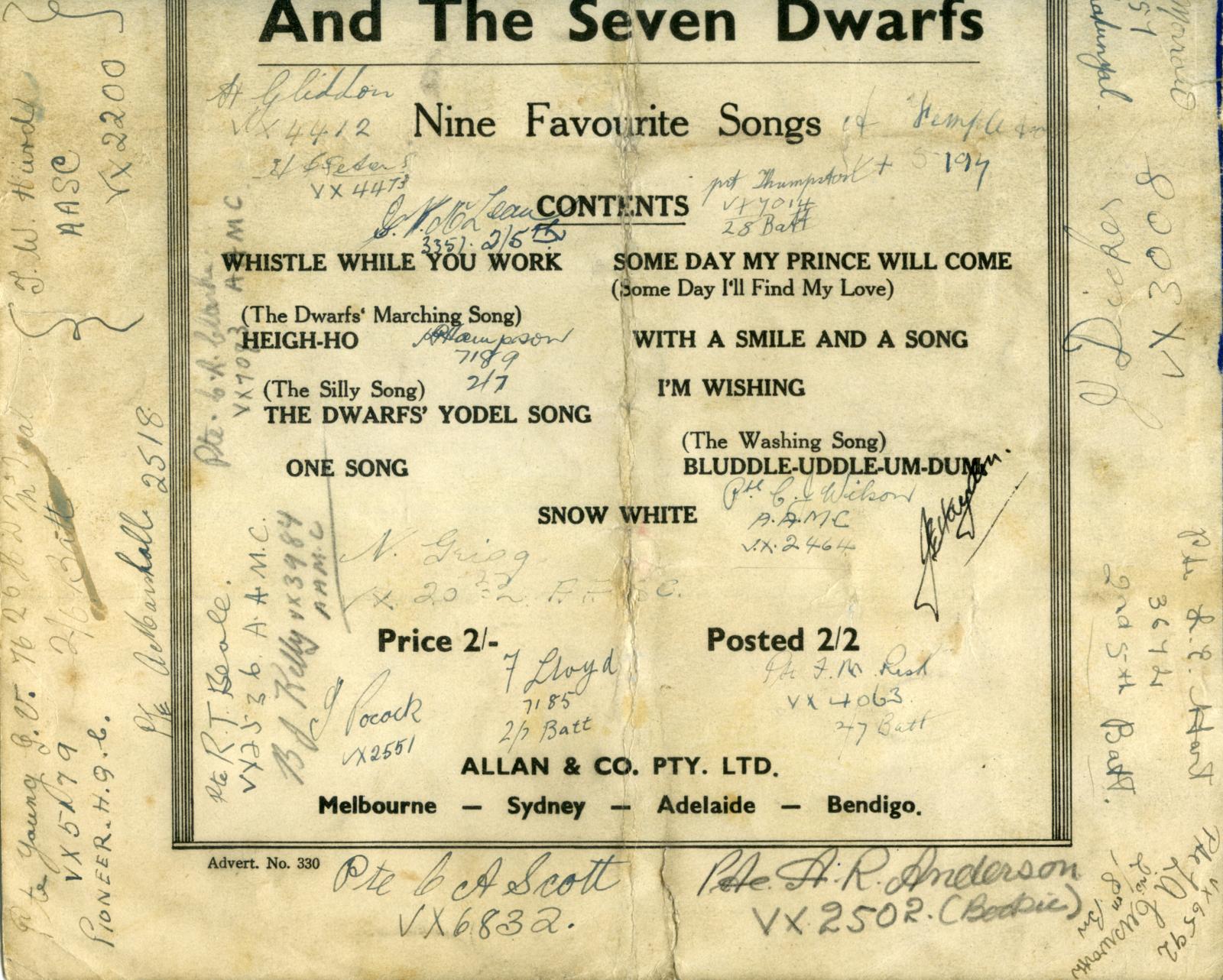 Bottom half of back cover of WWII era 'Aussie Boys' signed sheet music