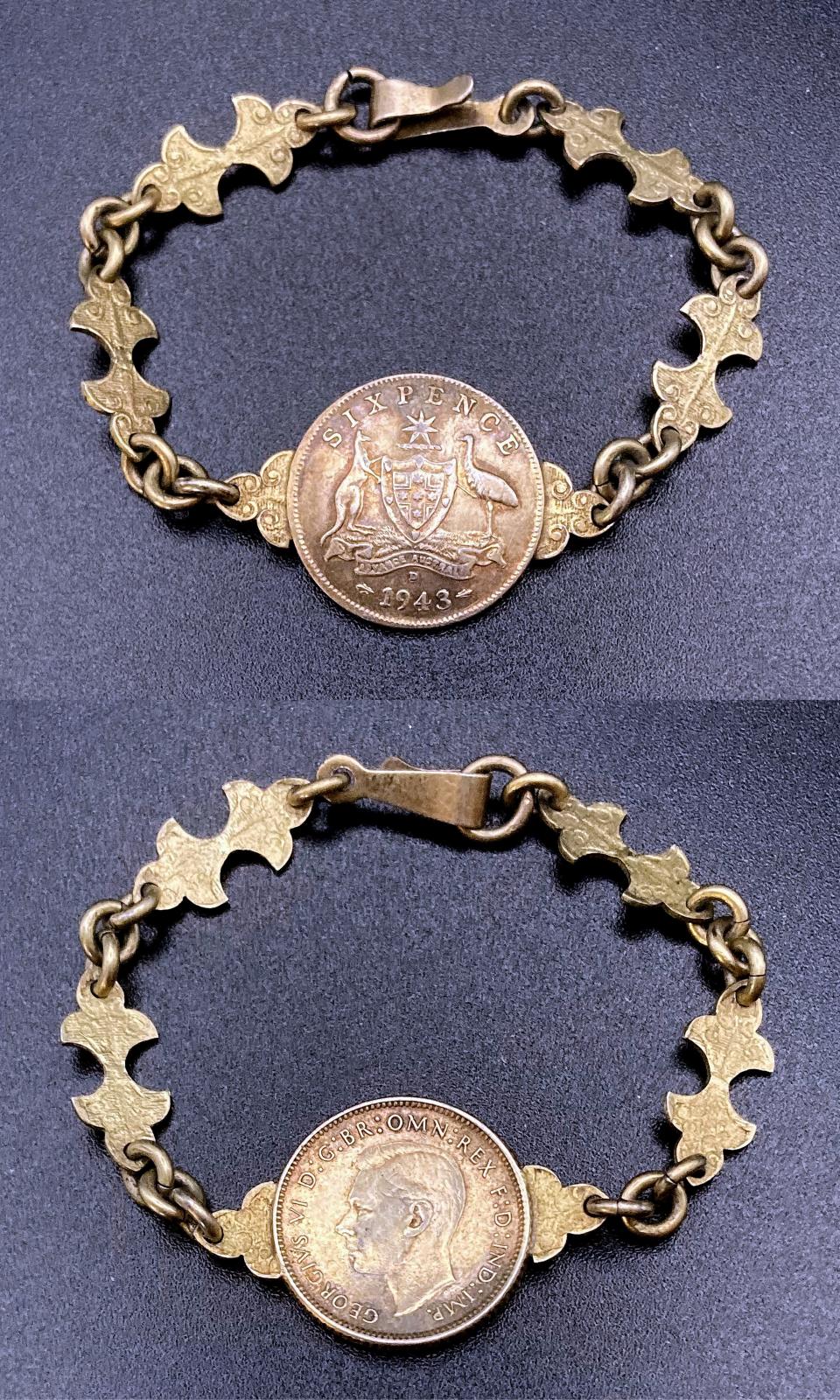 Collage of WWII era trench art gilded coin bracelet for child dated 1943  with clasp closed