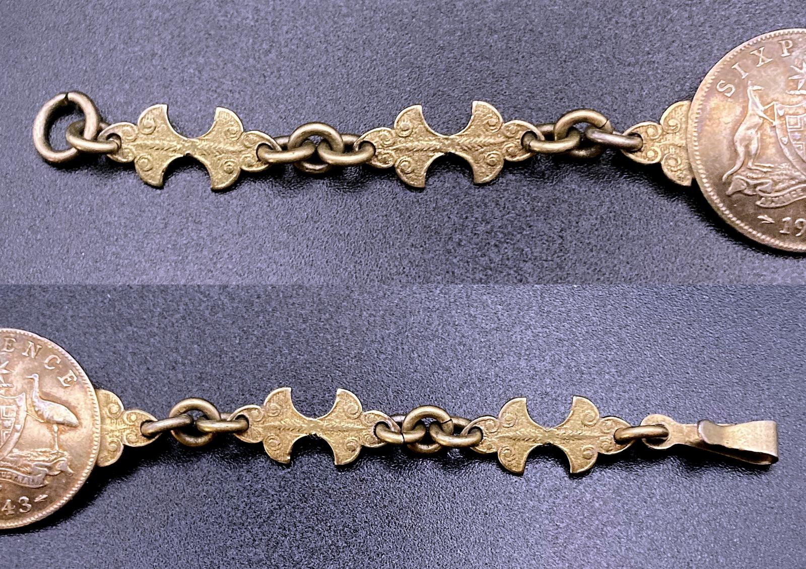 Collage of close up sections of WWII era trench art gilded coin bracelet for child dated 1943 