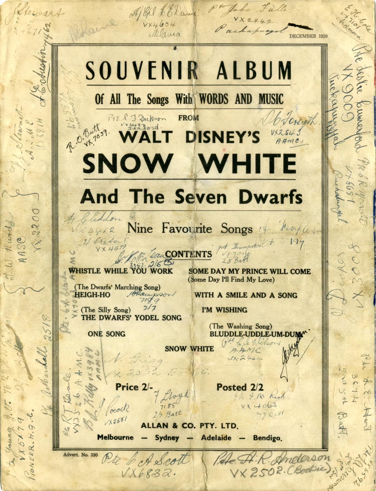 Back cover of WWII era 'Aussie Boys' signed sheet music
