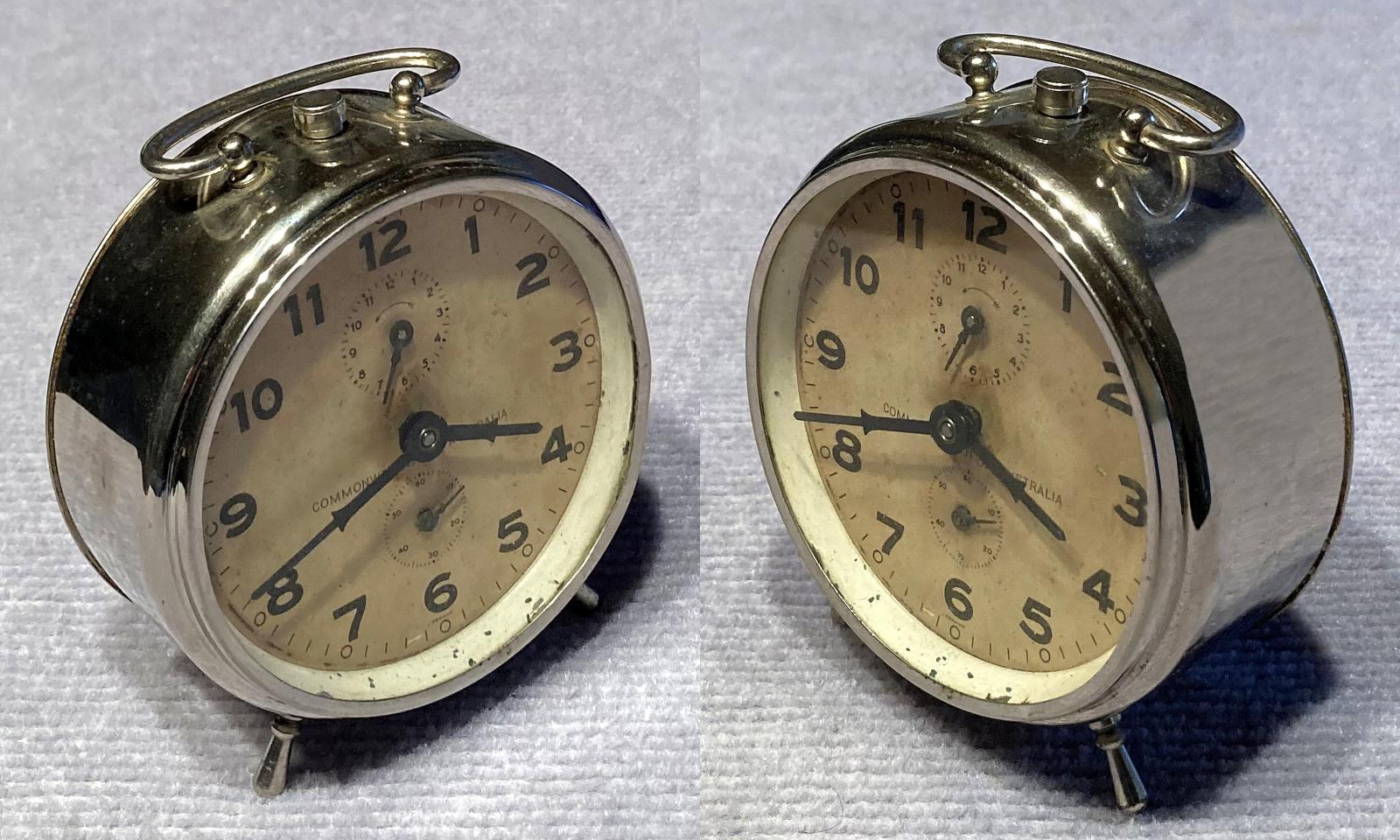 Angled view of front of Commonwealth of Australia alarm clock 