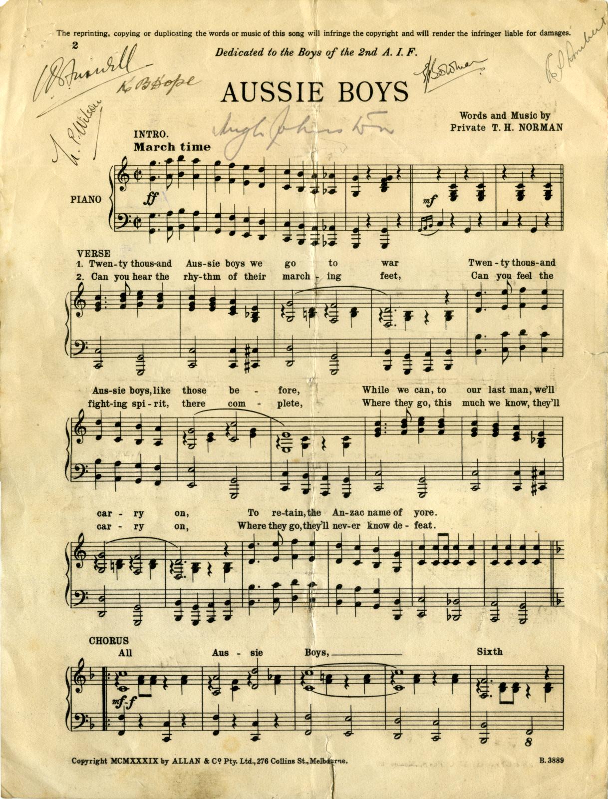 Left centre page of WWII era 'Aussie Boys' signed sheet music