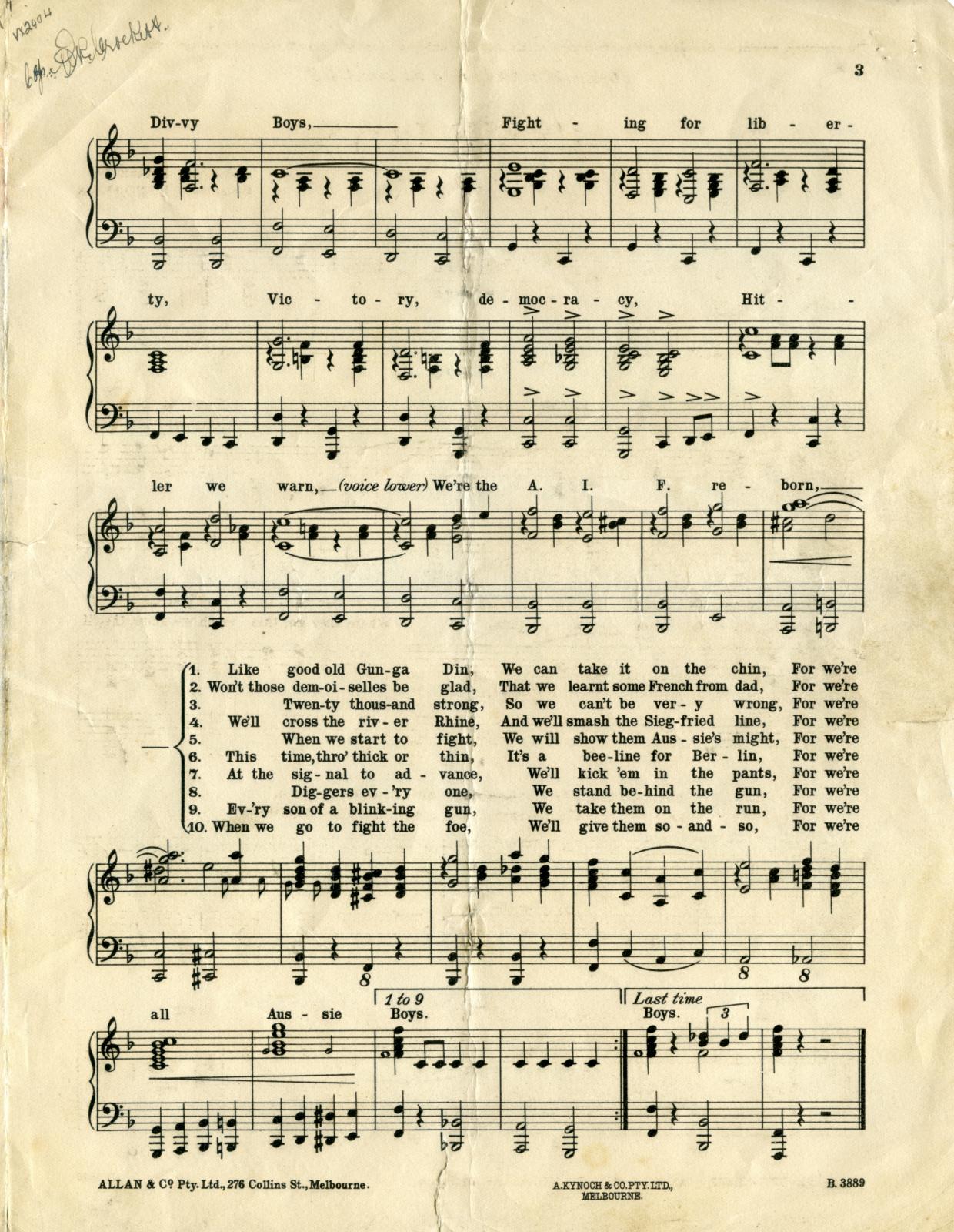 Right centre page of WWII era 'Aussie Boys' signed sheet music