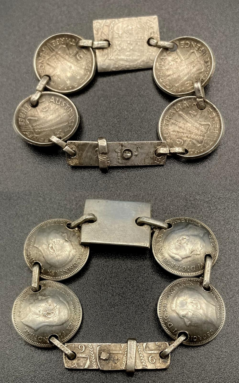 Collage of WWII era trench art coin bracelet for child dated 1943 with clasp closed