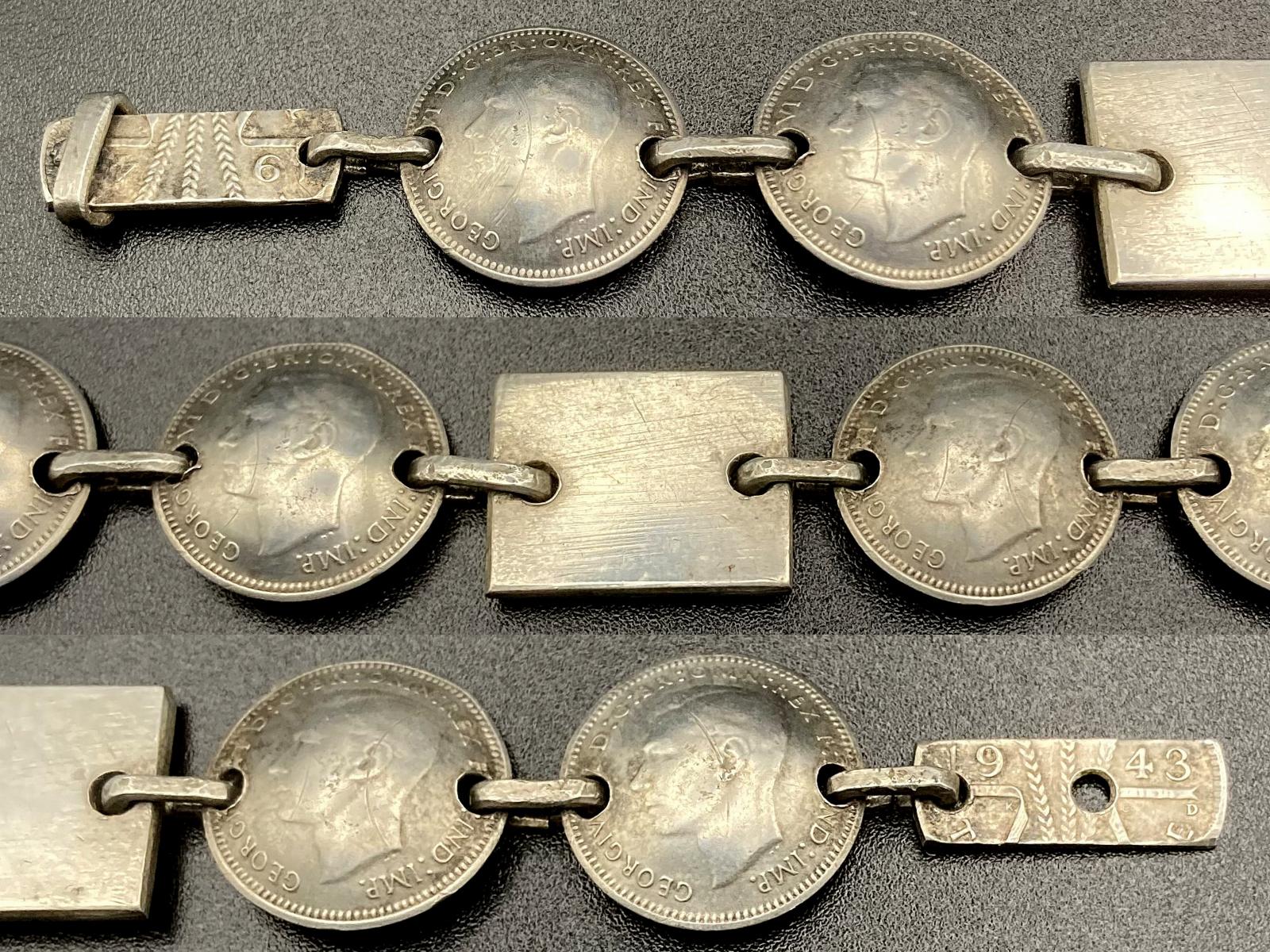 Collage of close up sections of WWII era trench art coin bracelet for child dated 1943