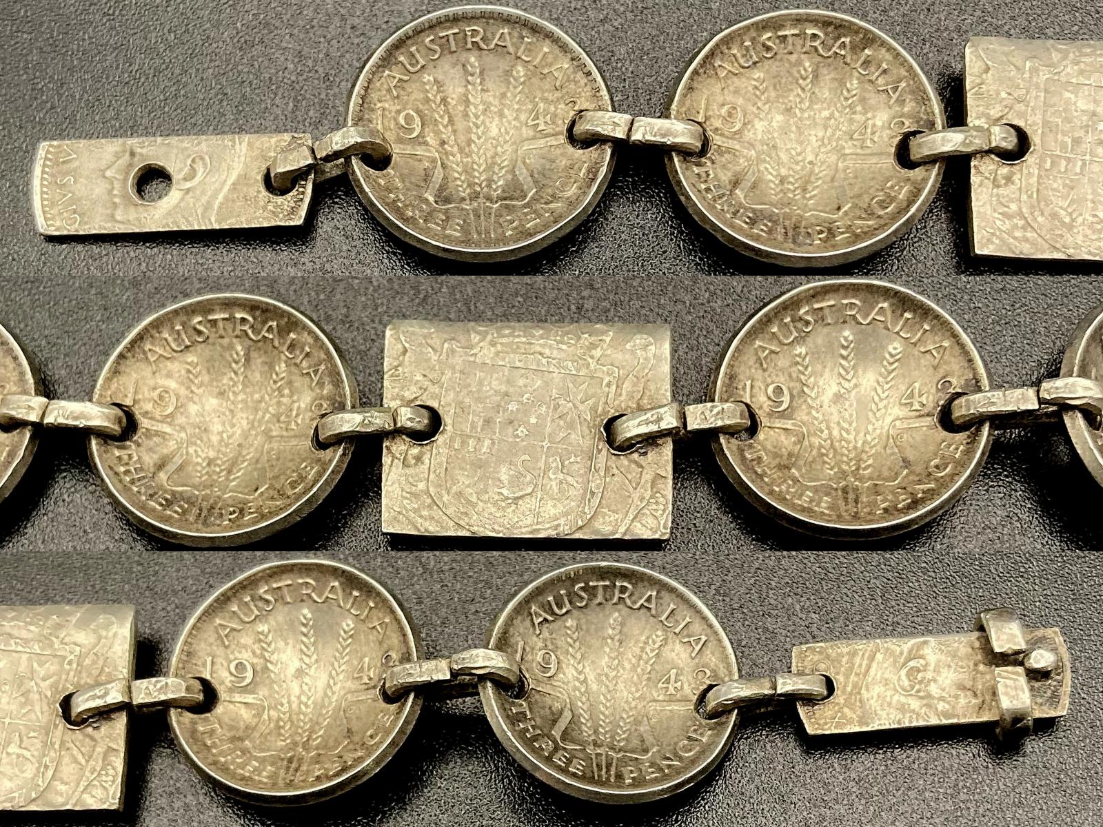 Collage of close up sections of reverse of WWII era trench art coin bracelet for child dated 1943