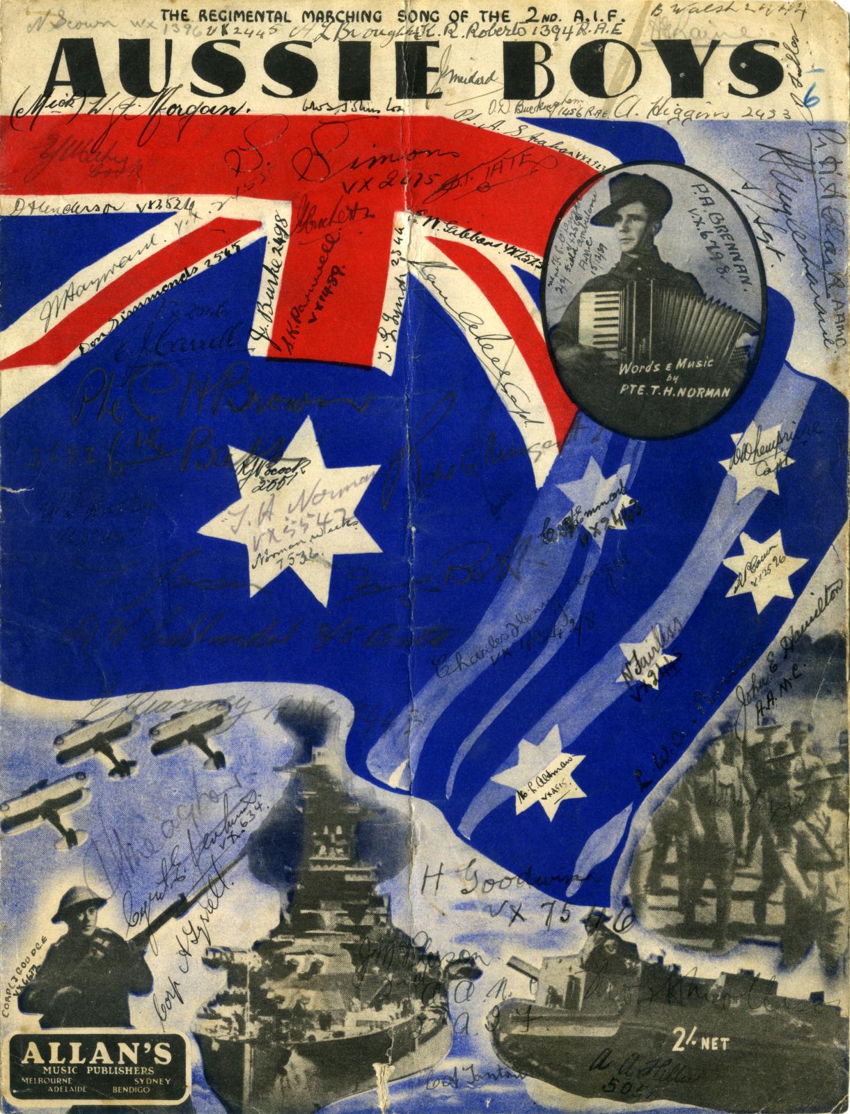 Front cover of WWII era 'Aussie Boys' signed sheet music