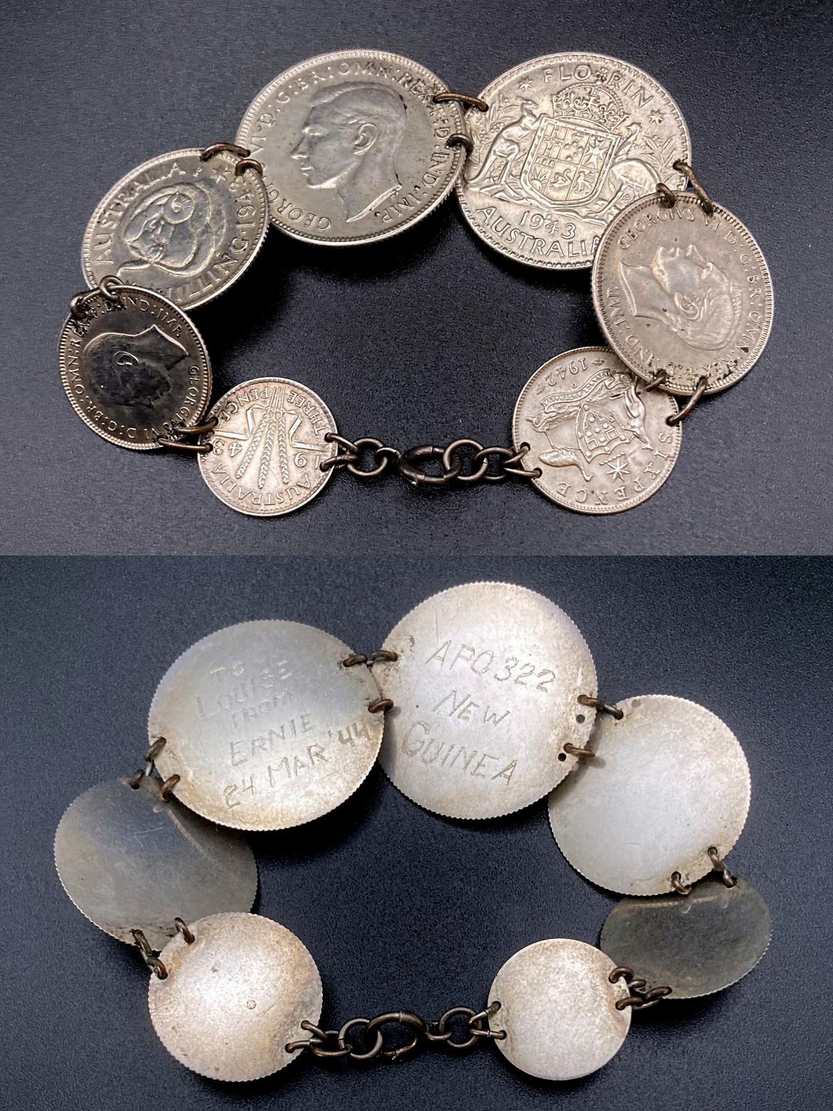 Collage of both sides of WWII era trench art coin bracelet given to Louise by Ernie 1944 with clasp closed