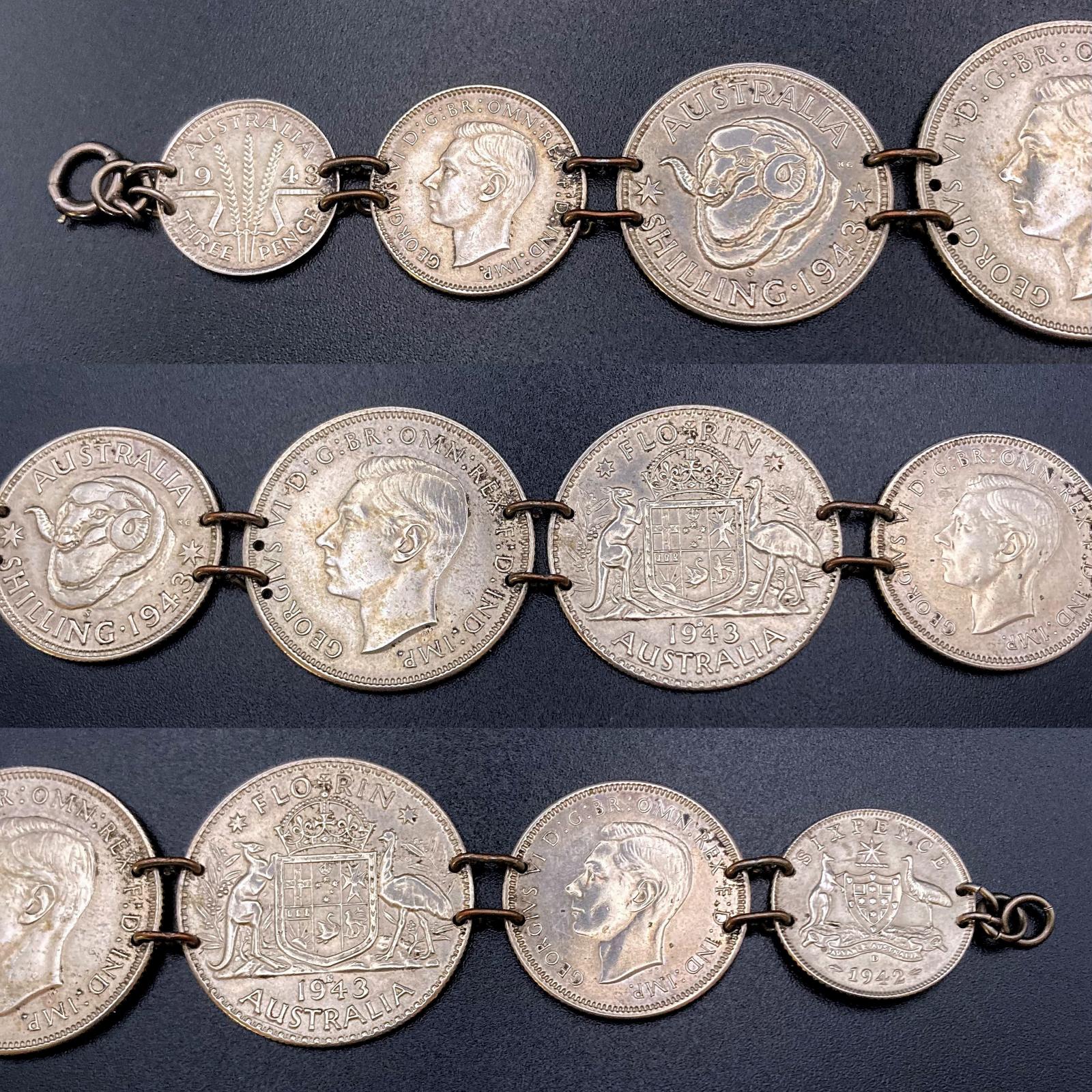 Collage of close up sections of WWII era trench art coin bracelet given to Louise by Ernie 1944