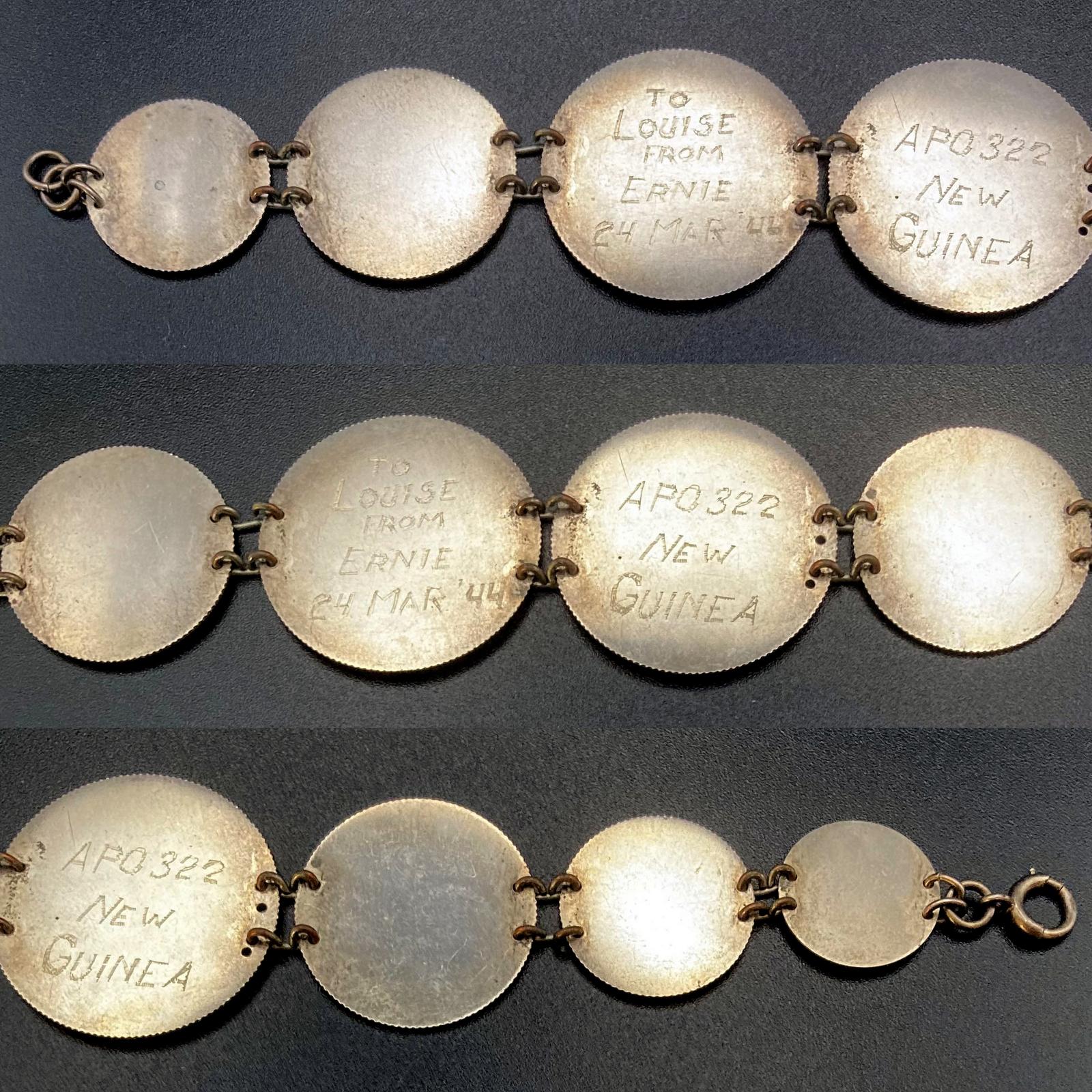 Collage of close up sections of reverse of WWII era trench art coin bracelet given to Louise by Ernie 1944