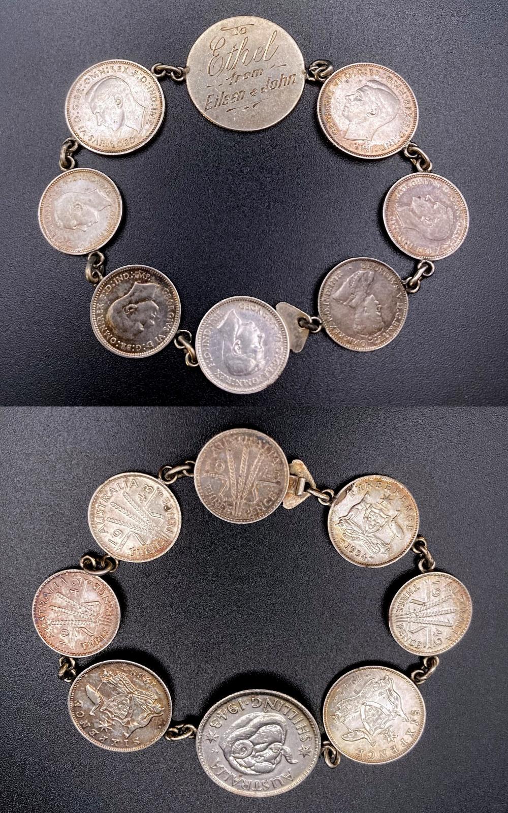 Collage ofboth sides of WWII era trench art coin bracelet given to Ethel by Eileen and John with clasp closed