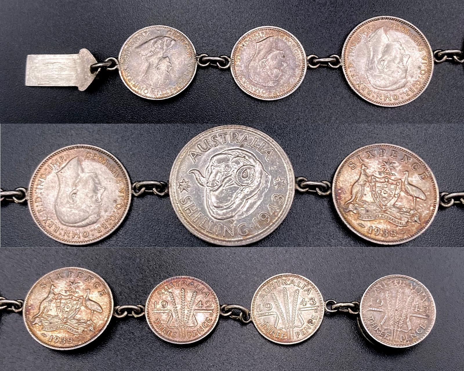 Collage of close up sections of reverse of WWII era trench art coin bracelet given to Ethel by Eileen and John