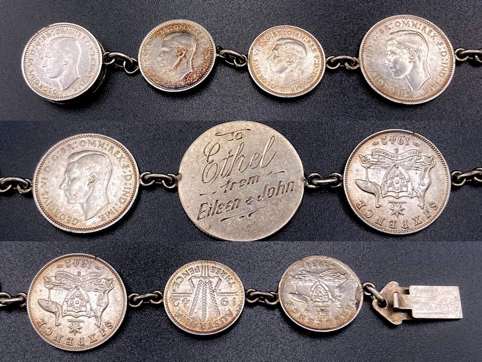 Collage of close up sections of WWII era trench art coin bracelet given to Ethel by Eileen and John