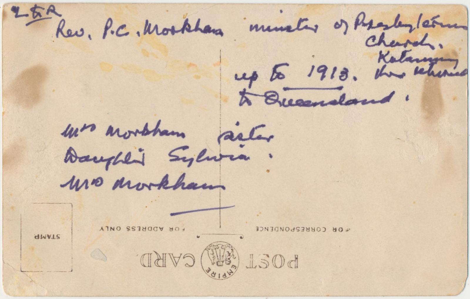 Back of postcard of Rev. P.C. Morkham & Family