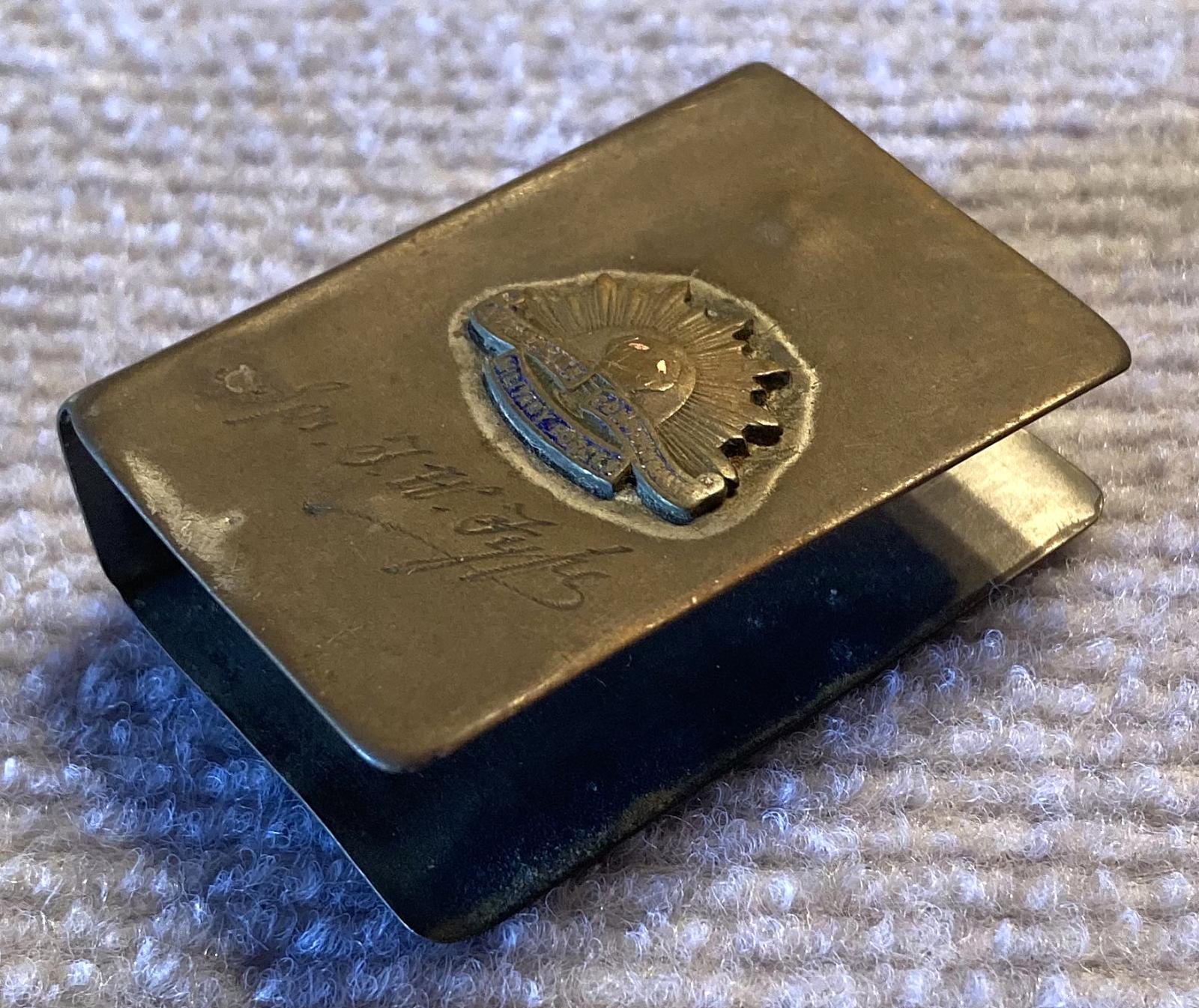Other angled view of WWII metal matchbox cover -  Sapper Thomas Walter Fyfe