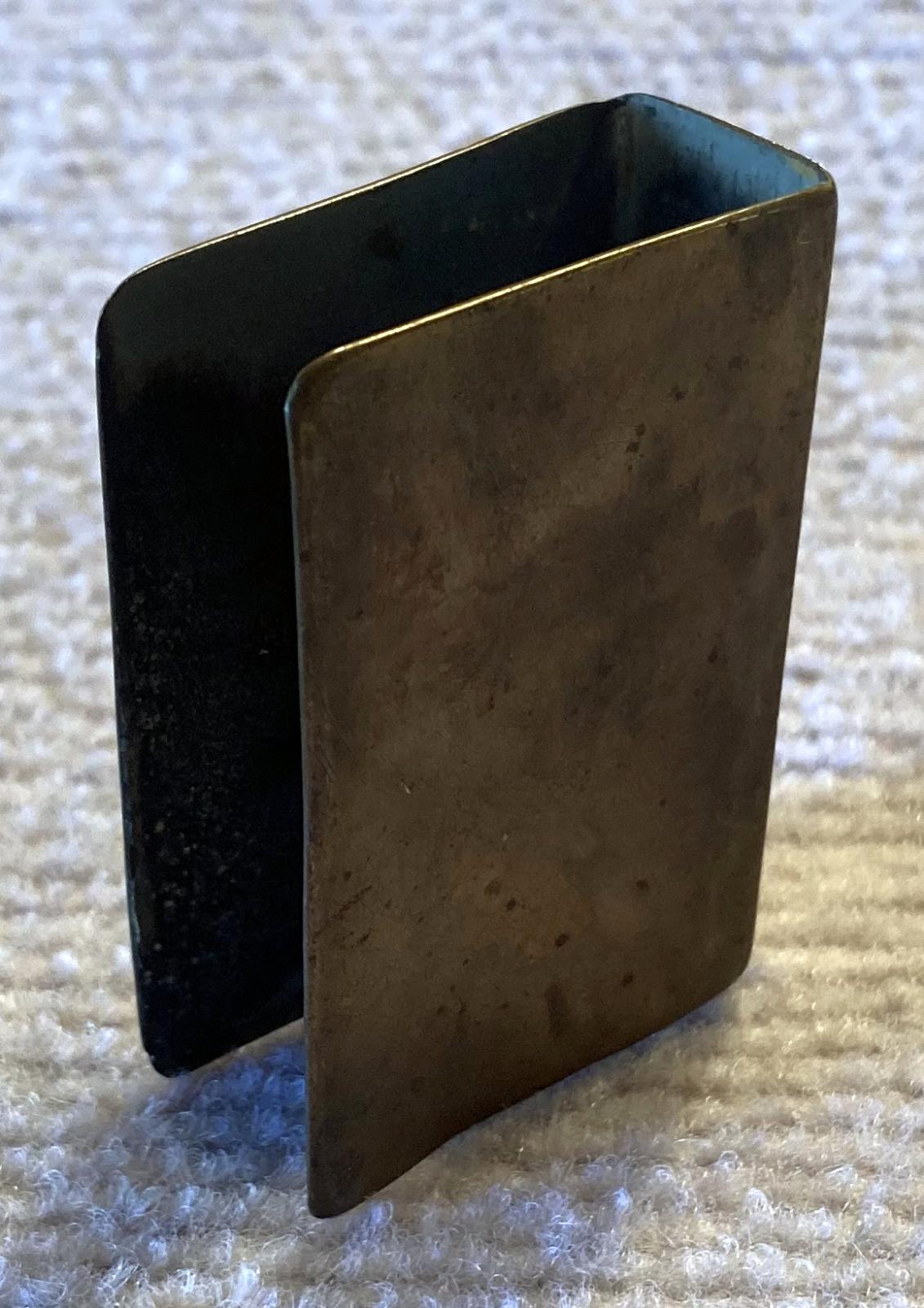 Other angled view of upright WWII metal matchbox cover -  Sapper Thomas Walter Fyfe