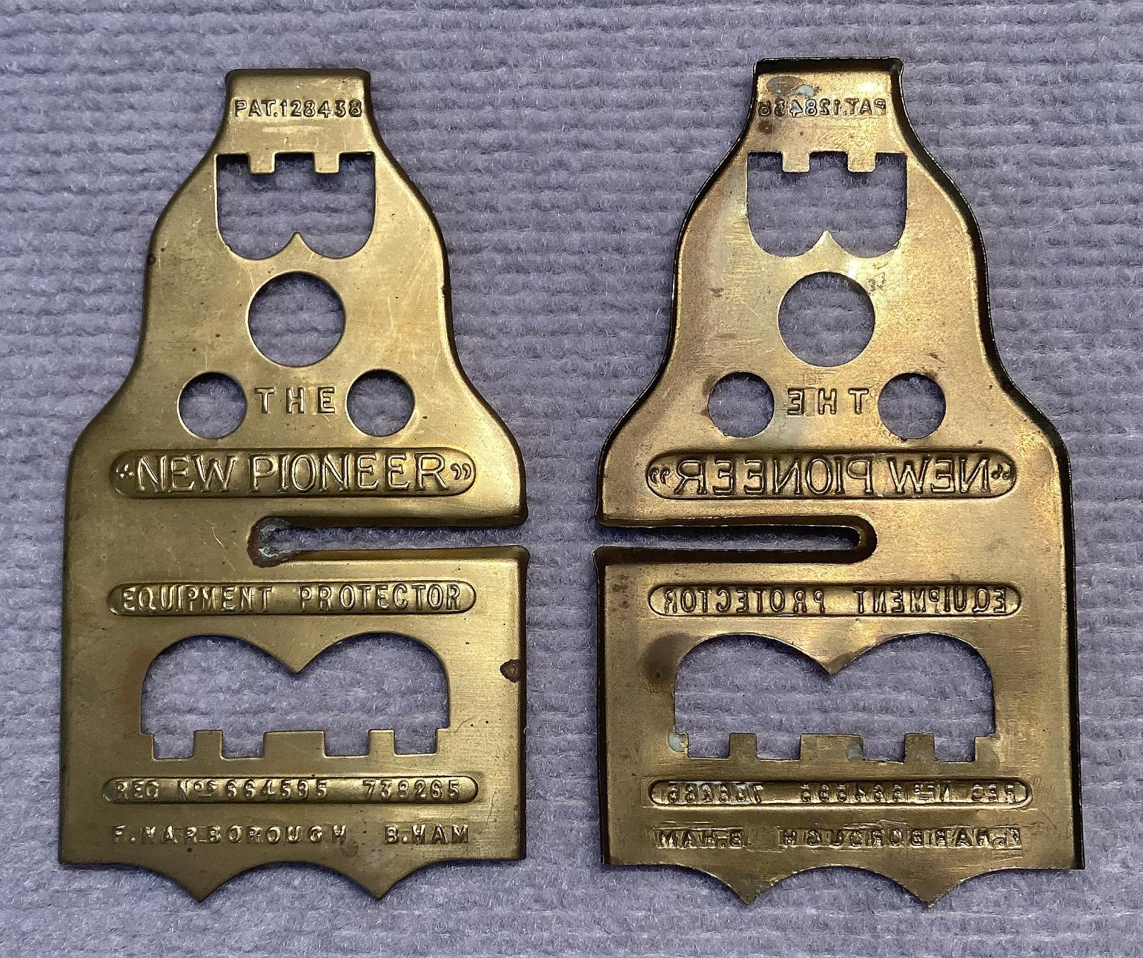Front and back views of WWI era 'New Pioneer Equipment Protector' brass button sticks