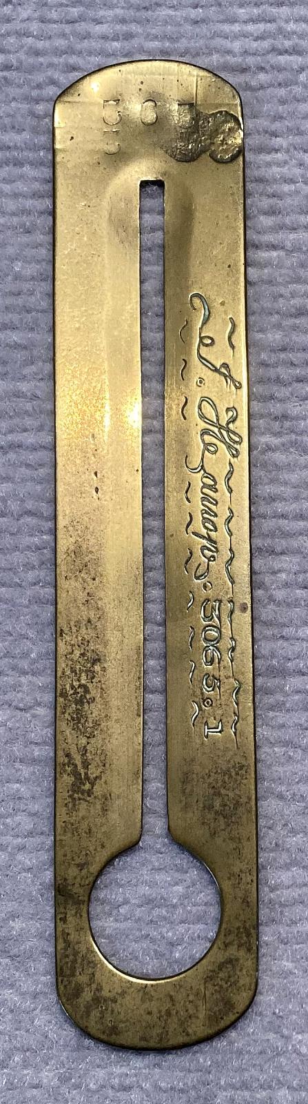 Antique brass button stick engraved with name - J. Harrop