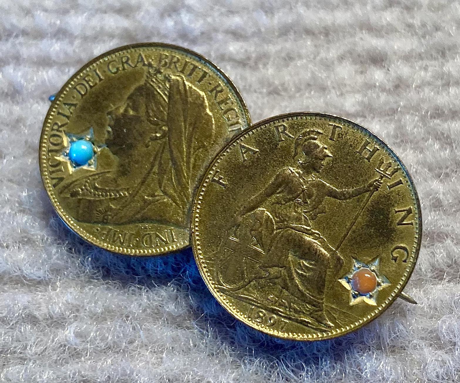 Other angled view of sweetheart brooch made from gilded and decorated 1897 farthings