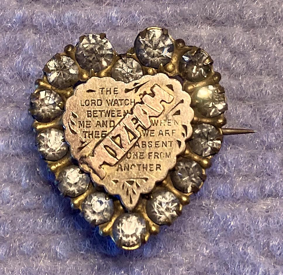 Antique heart shaped Mizpah brooch with rhinestones and gold detailing