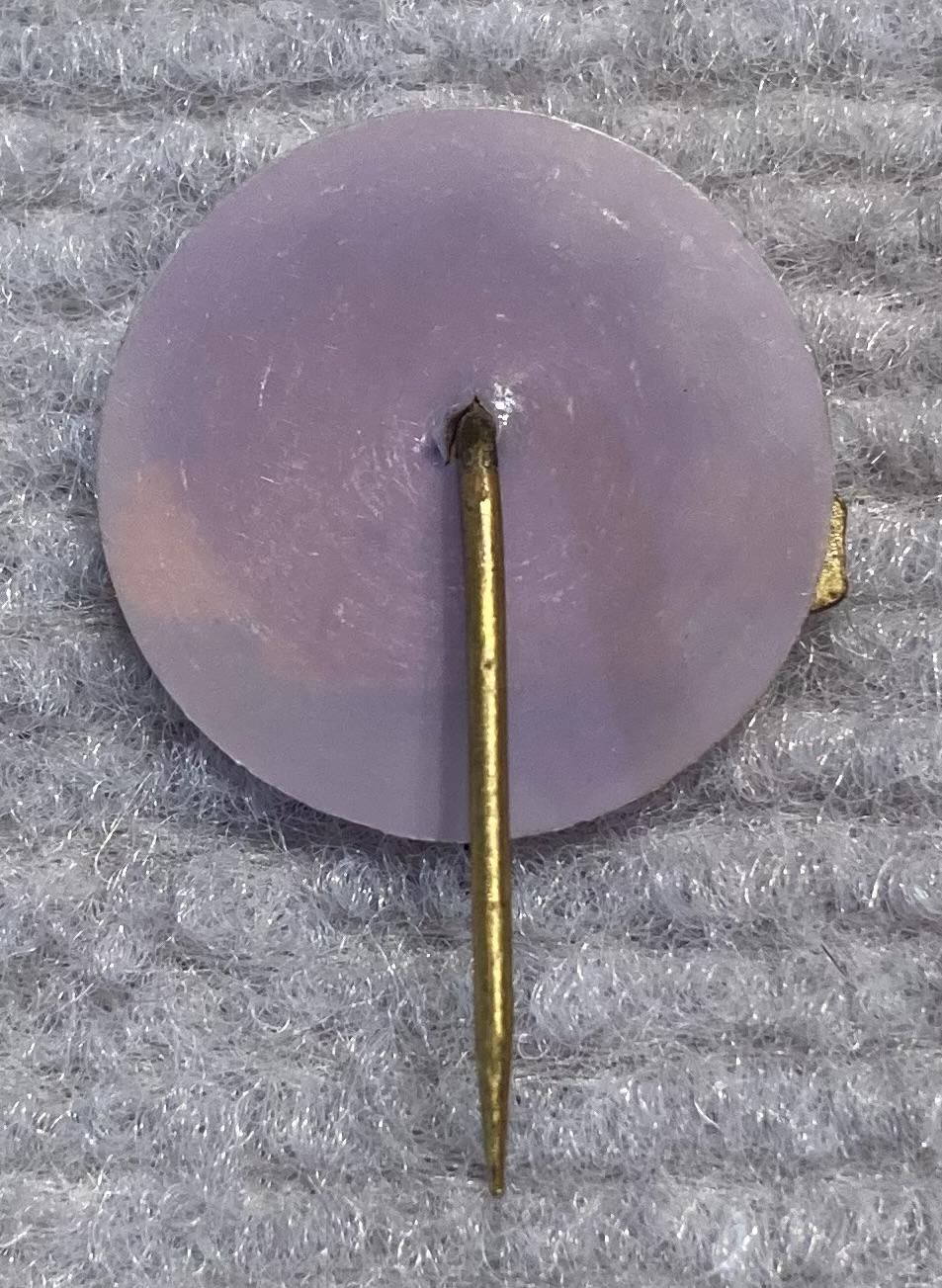 Reverse of miniature Rising Sun badge stick pin on lilac backing